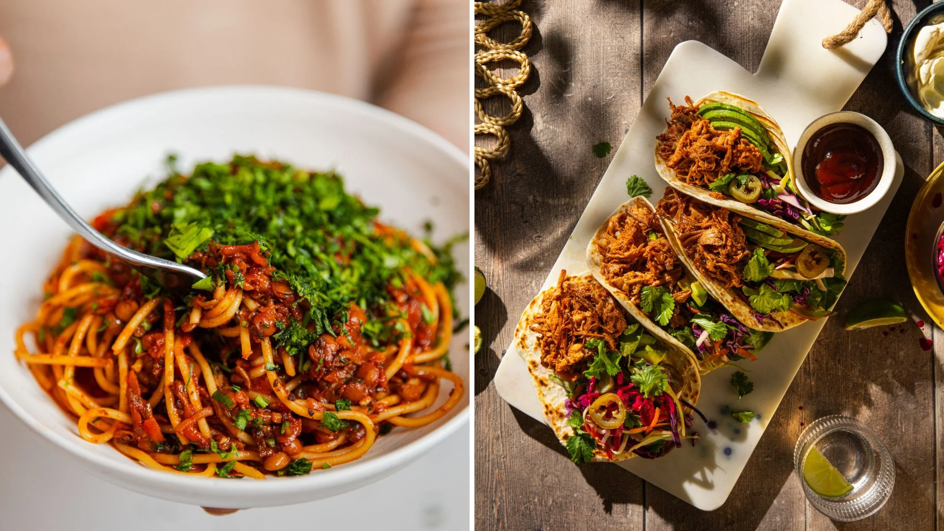 Plate of spaghetti with red sauce and herbs; next to a platter of three loaded tacos.