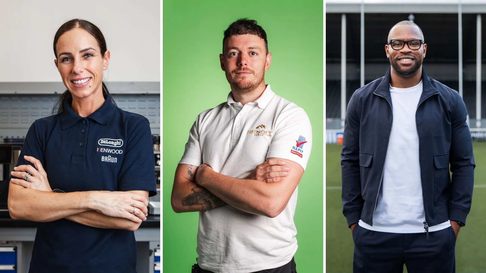 Three individuals: woman in workshop, man on green, man outside stadium.