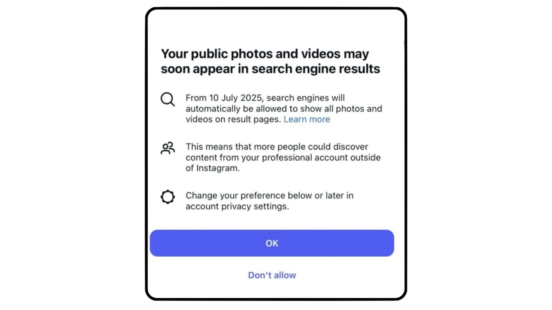 App privacy notice: public photos/videos may appear in search results.