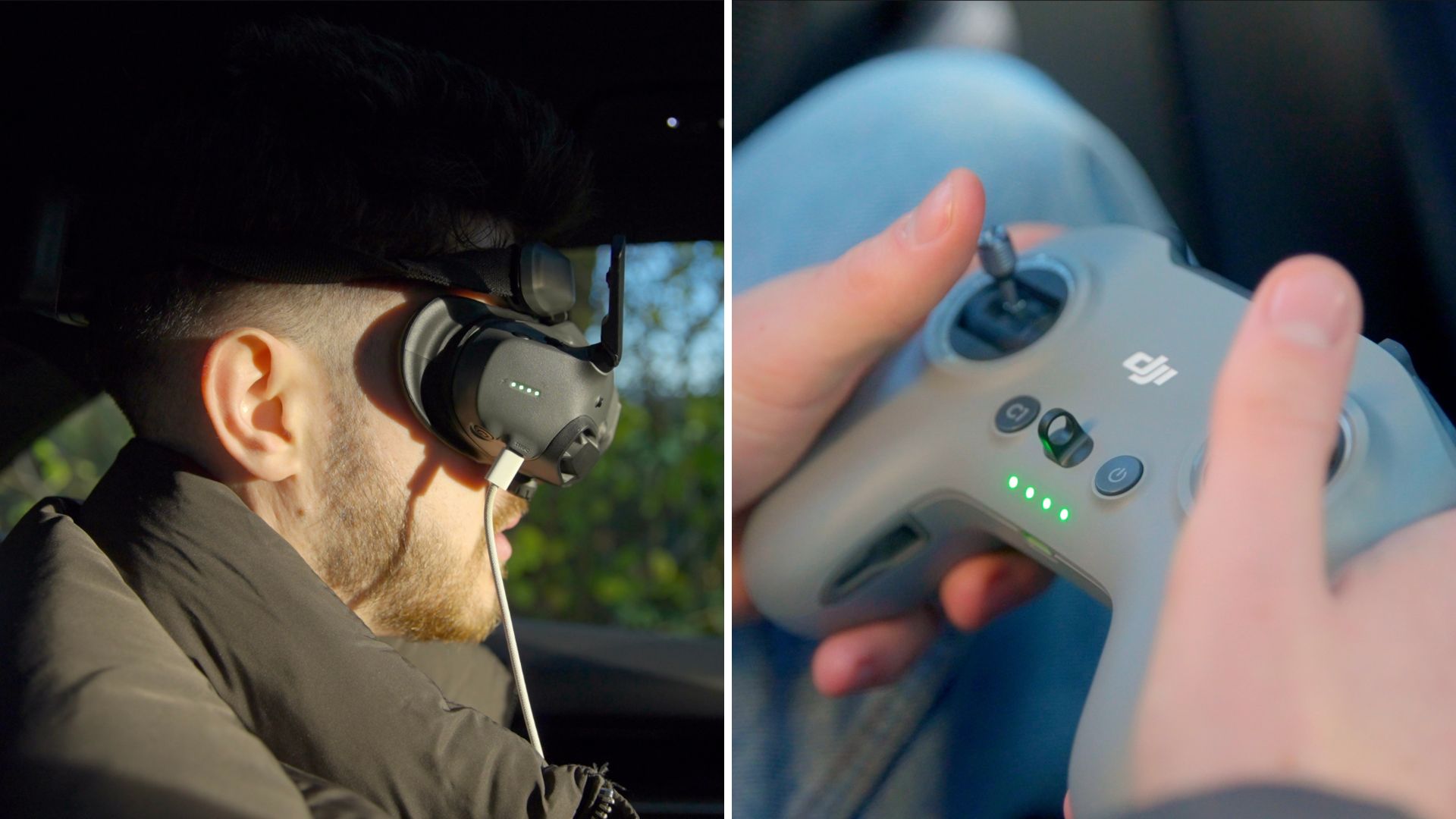 rob wearing flying fpv drone googles and operating the hand controls