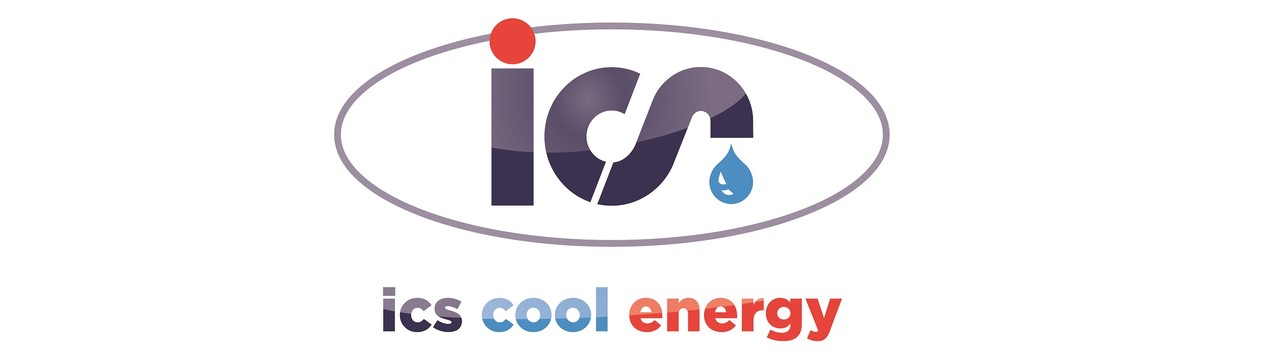 ICS Cool Energy logo with stylised 'ics' in an oval, a red dot and a blue water droplet.