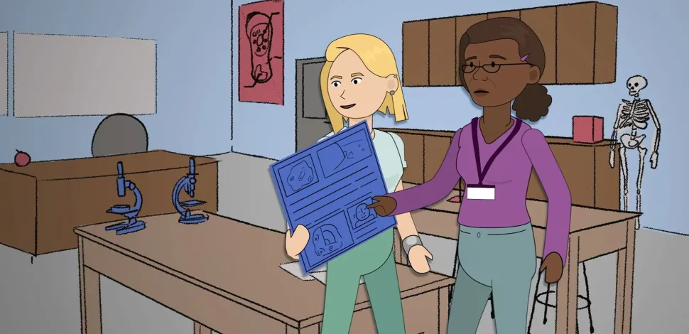 Graphic of two women in a science lab examining a blue document.