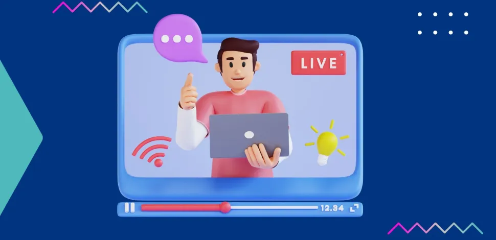 3D graphic of a man giving a thumbs-up, holding a laptop on a screen with 'LIVE' text and icons.