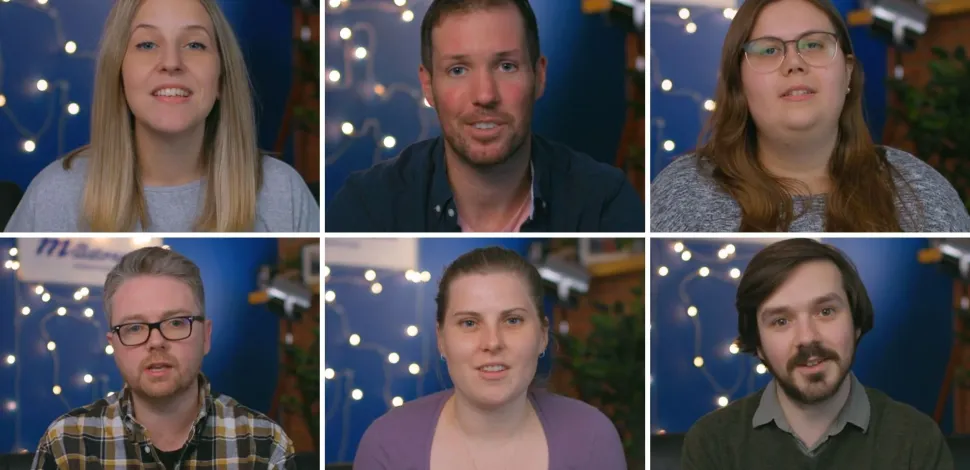 Six smiling individuals, three men and three women, in a grid with blue, lit backgrounds.
