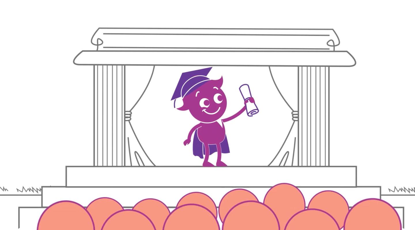 Animation of a person receiving a diploma on stage