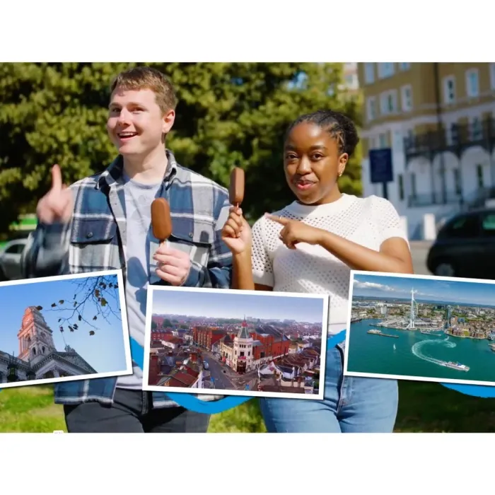 Male and female student holding ice creams with postcard style images of Portsmouth