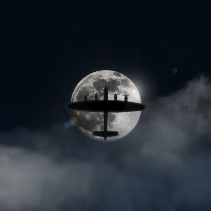 Plane logo flying past the moon with clouds