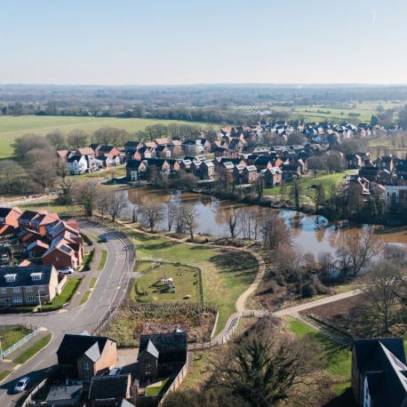 drone photo of a residential area in wokingham