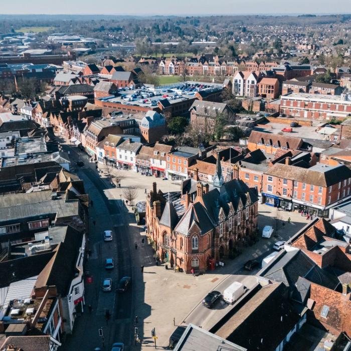 drone photograph of Wokingham town centre