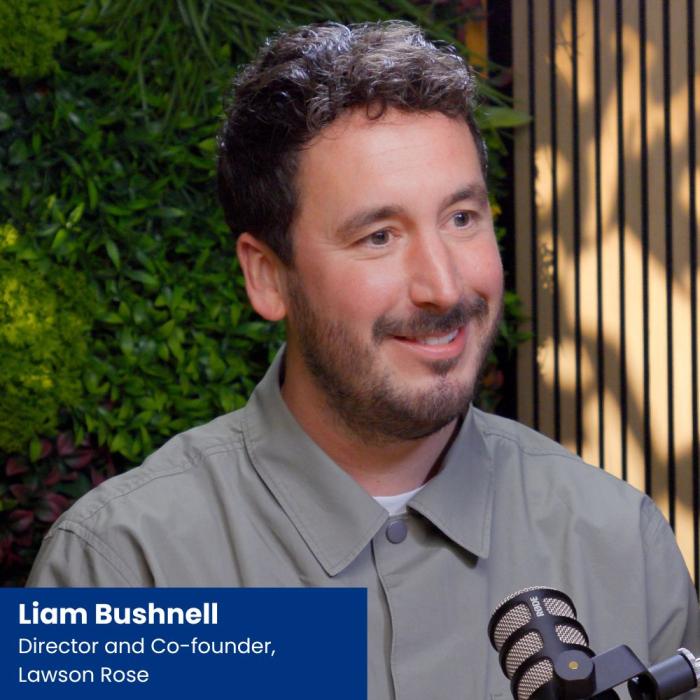 liam bushnell from Lawson Rose sat in a podcast studio