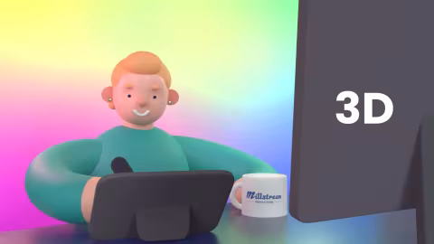3D graphic: Smiling person using a drawing tablet at a desk, with a monitor showing '3D'.
