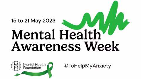 Graphic: Mental Health Awareness Week 15-21 May 2023, featuring green wave and logo.