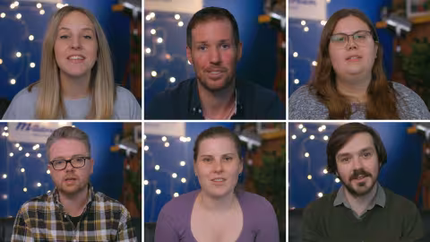 Six smiling individuals, three men and three women, in a grid with blue, lit backgrounds.