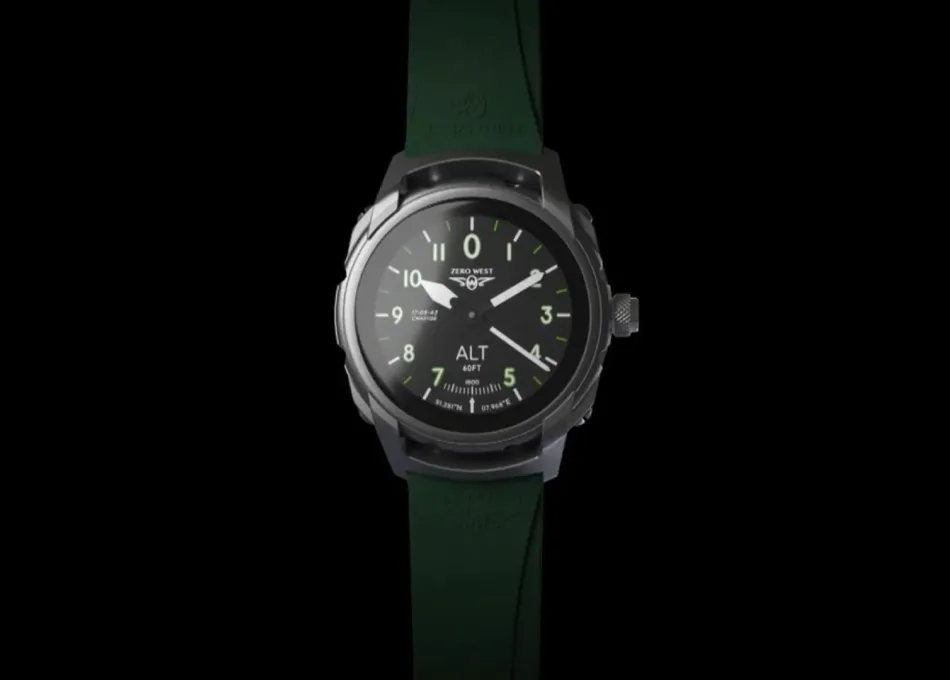 Zero West watch with green strap on black background