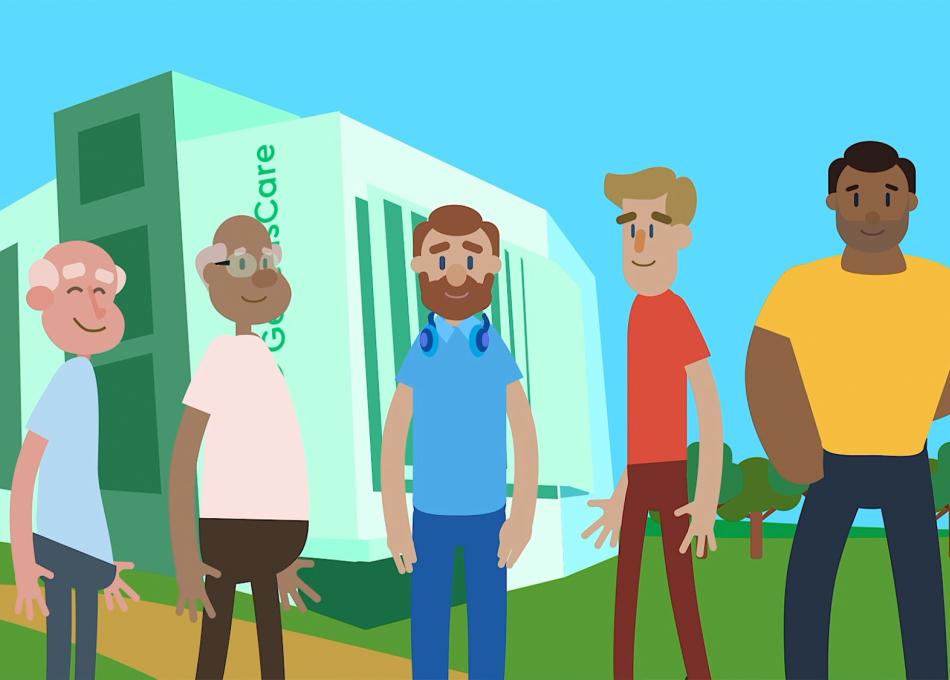 Illustration of a diverse group of men outside a hospital