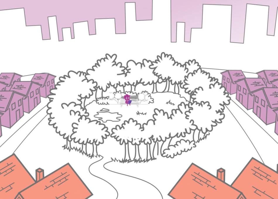 Animation of person sat on park bench surrounded by trees