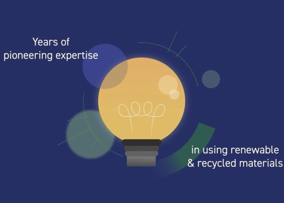 Graphic: Glowing lightbulb with text on pioneering expertise and recycled materials.