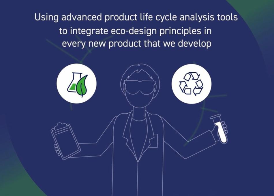 Graphic: Scientist in a lab coat with a beaker containing a leaf, and a recycling symbol.