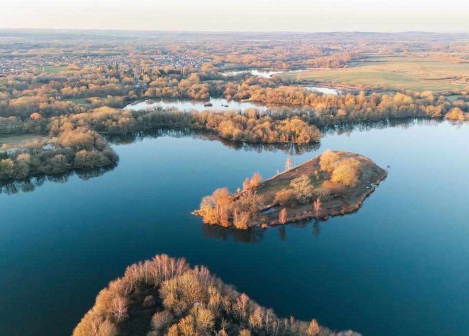 drone photo of a lake in Wokingham