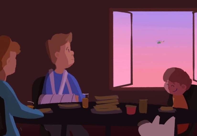 Illustration of man with a broken arm watching a helicopter out of the window