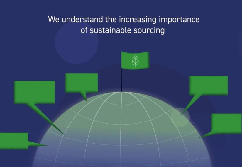 Graphic: Globe with a green flag and leaf icon, surrounded by five green speech bubbles.