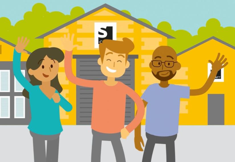 Graphic: Smiling people waving outside yellow storage unit buildings.