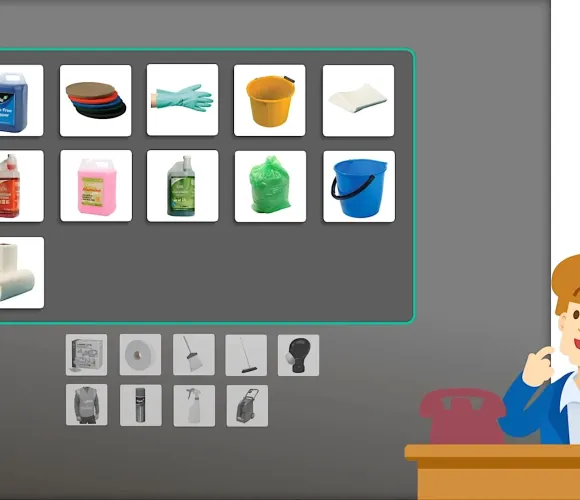 Graphic: Cartoon man at a desk viewing a screen displaying various cleaning supplies.