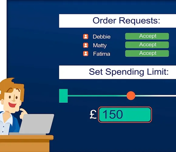 Cartoon man using a laptop, displaying order requests and a £150 spending limit.
