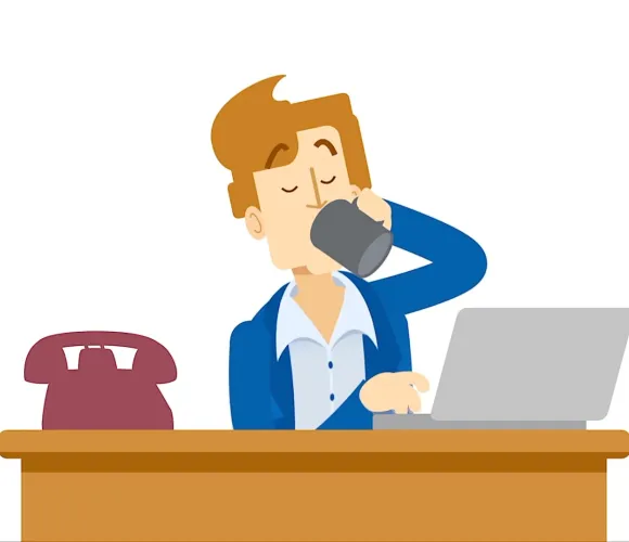 Graphic: Man sips mug, eyes closed, at a desk with laptop and retro phone.