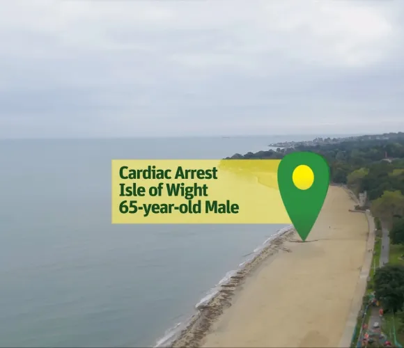 Beach with pinpoint saying "Cardiac Arrest Isle of Wight 65 Year Old Male"