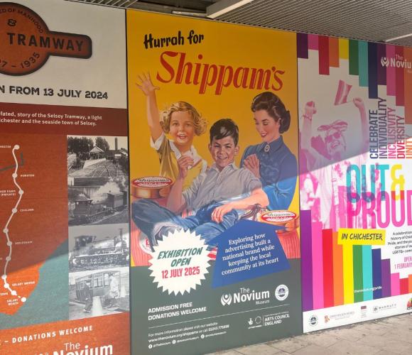 Marketing boards outside shippams exhibition