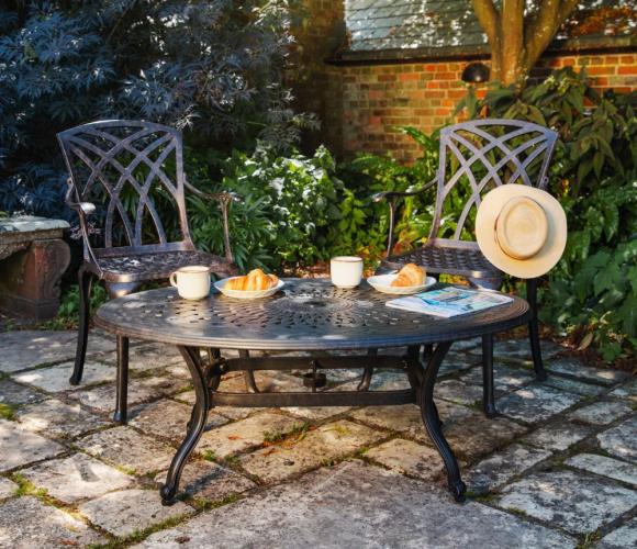 Lazy Susan garden furniture set on a patio