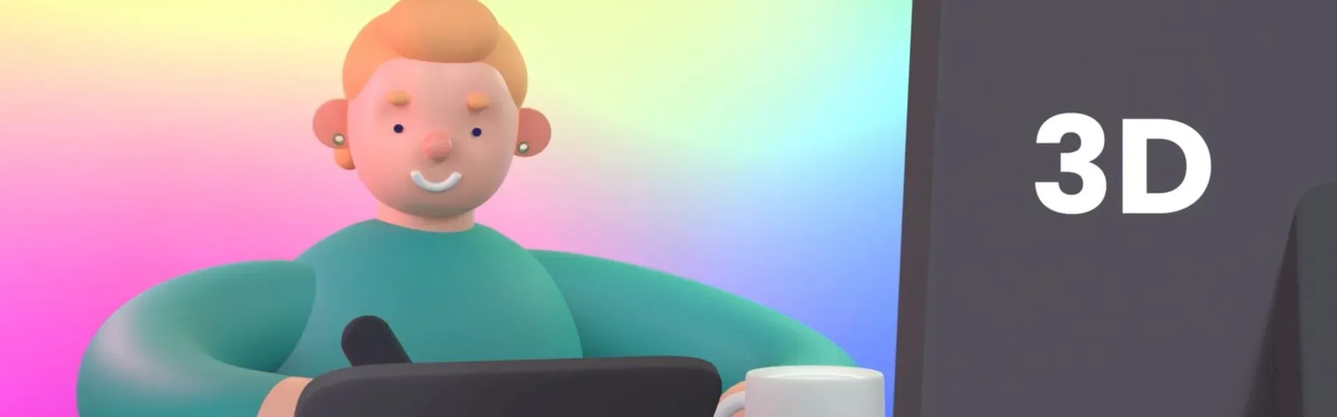 3D graphic: Smiling person using a drawing tablet at a desk, with a monitor showing '3D'.