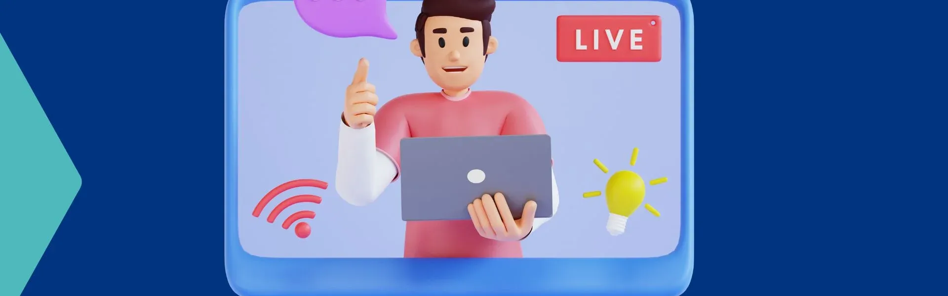 3D graphic of a man giving a thumbs-up, holding a laptop on a screen with 'LIVE' text and icons.