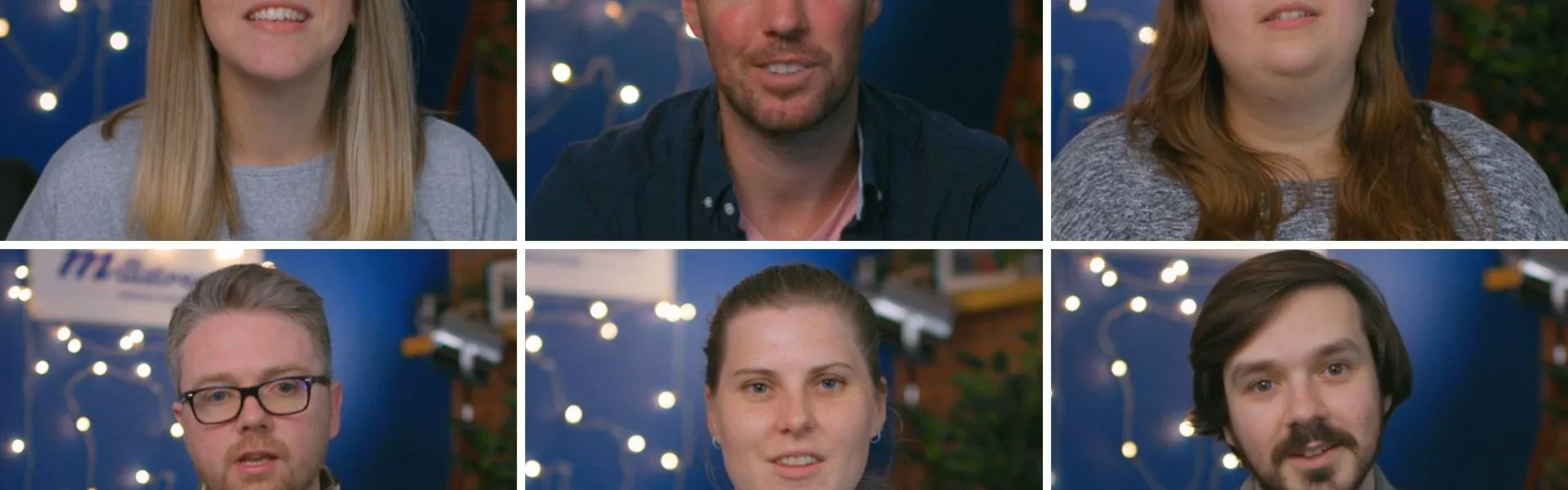 Six smiling individuals, three men and three women, in a grid with blue, lit backgrounds.