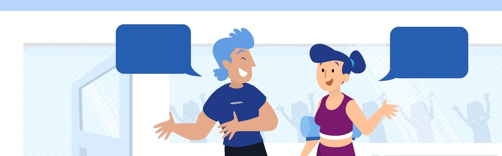 Graphic: Man and woman in activewear chat animatedly at a gym entrance.